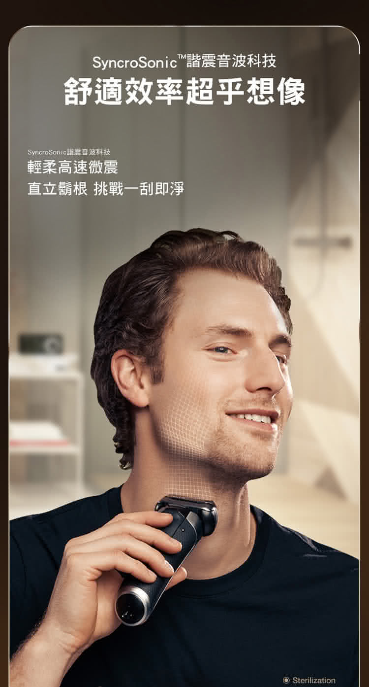 SyncroSonic諧震音波科技 舒適效率超乎想像 SyncroSonic諧震音波科技 輕柔高速微震 直立鬍根 挑戰一刮即淨 