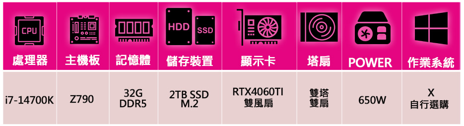 華碩平台 i7二十核 RTX4060TI{心事叢生}電競電腦