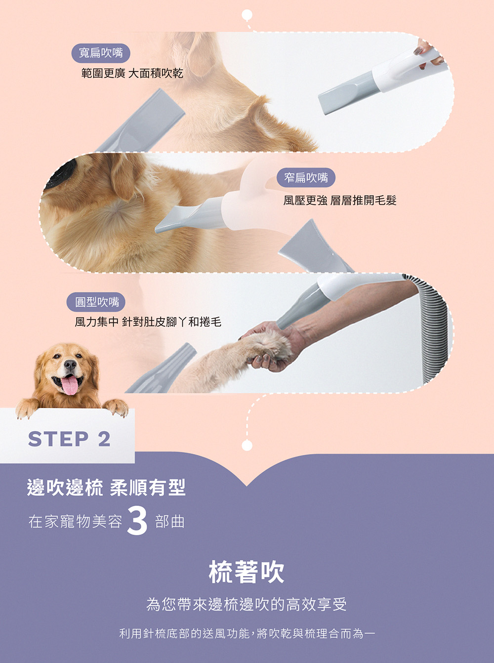 利用針梳底部的送風功能,將吹乾與梳理合而為一