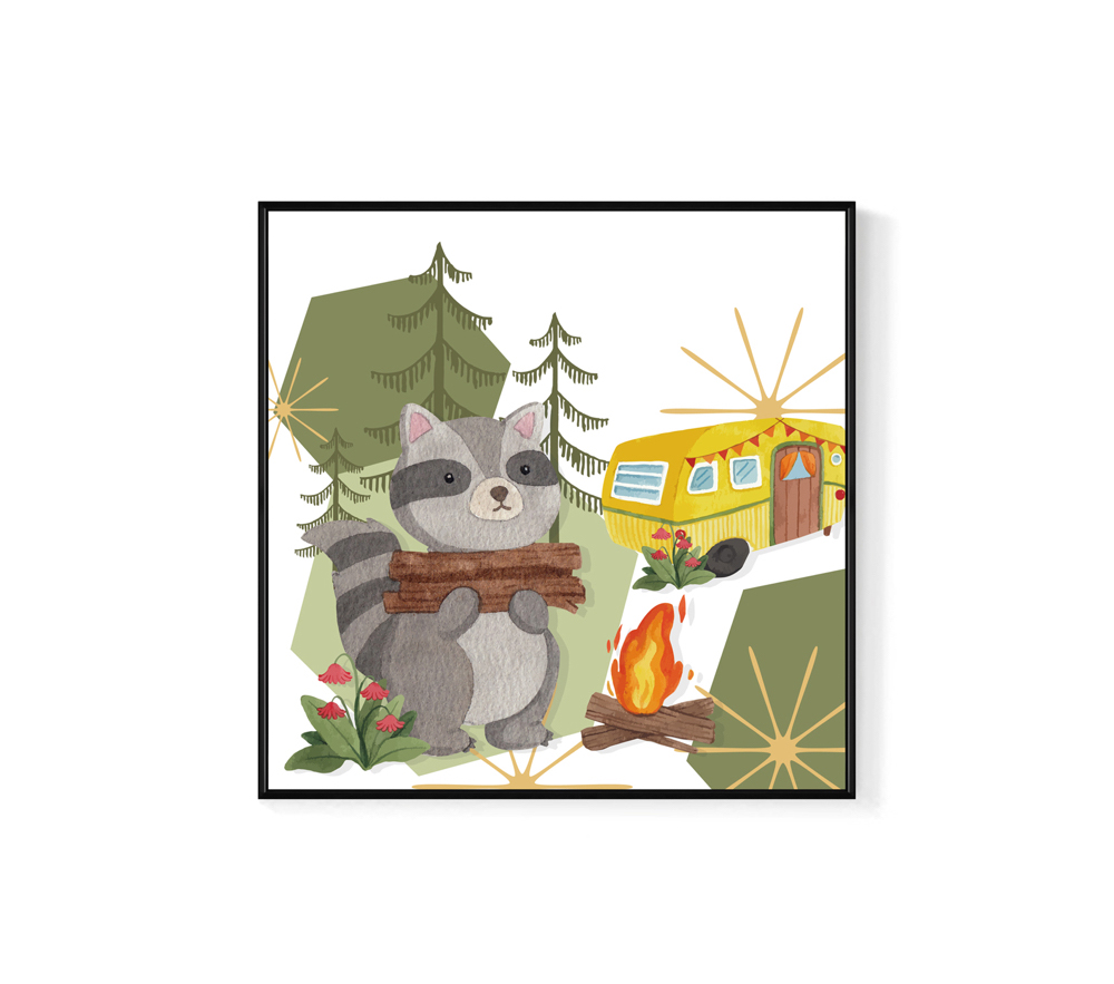 菠蘿選畫所 浣熊的夏令營-60x60cm(森林動物插畫掛畫/