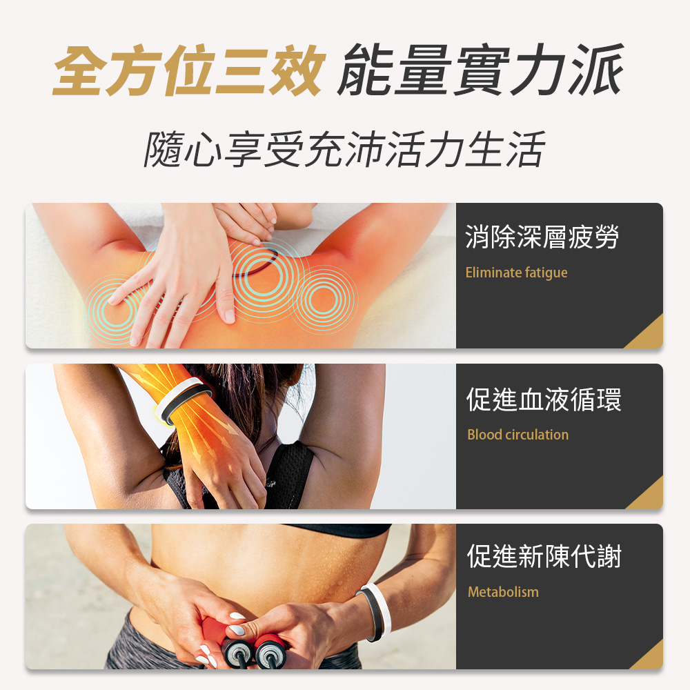 全方位三效 能量實力派 隨心享受充沛活力生活 消除深層疲勞 促進血液循環 促進新陳代謝 