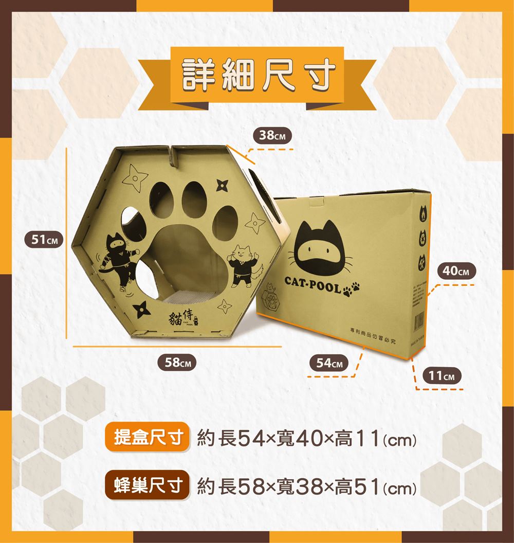 詳細尺寸 專利商品仿冒必究 提盒尺寸 約長54x寬40x高11cm 蜂巢尺寸 約長58x寬38x高51cm