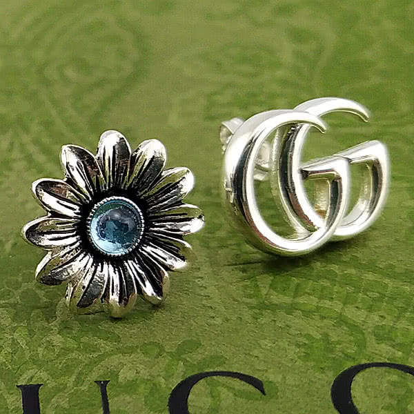 GUCCI 古馳 925純銀-雙G與藍色托帕石花朵不對稱耳環