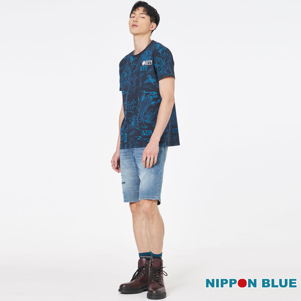 BLUE WAY 男裝 日式設計滿版 短袖 上衣-日本藍評價