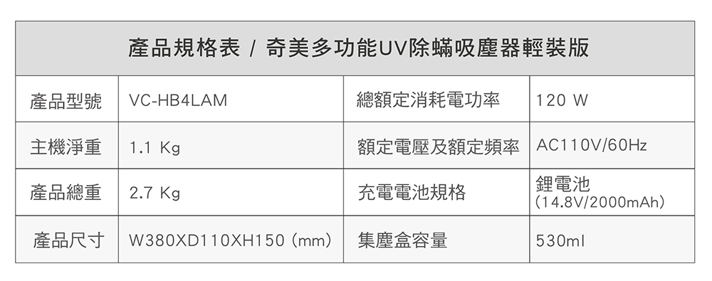 產品規格表奇美多功能UV除蟎吸塵器輕裝版