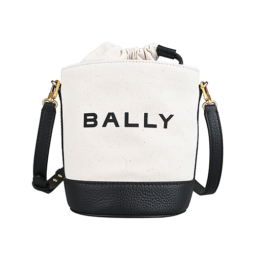 BALLY Bar經典字母LOGO帆布拼接牛皮斜背水桶包(迷