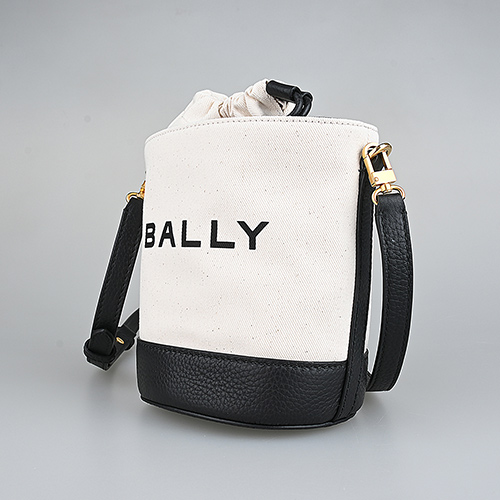 BALLY Bar經典字母LOGO帆布拼接牛皮斜背水桶包(迷