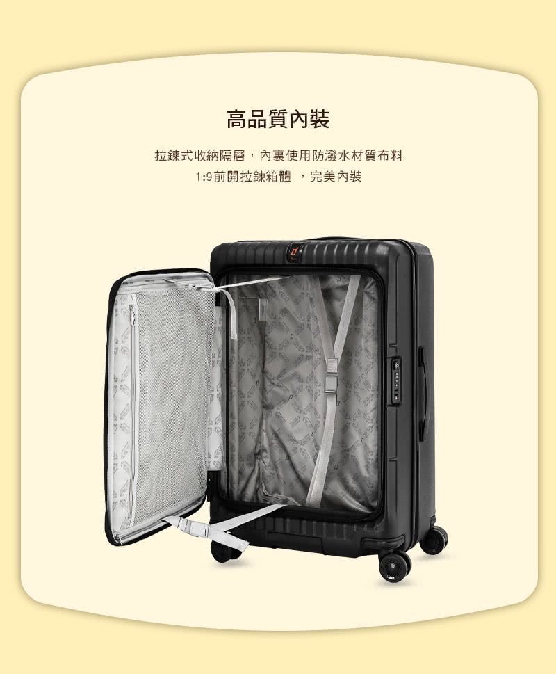 高品質內裝 拉鍊式收納隔層,內裏使用防潑水材質布料 19前開拉鍊箱體,完美內裝 