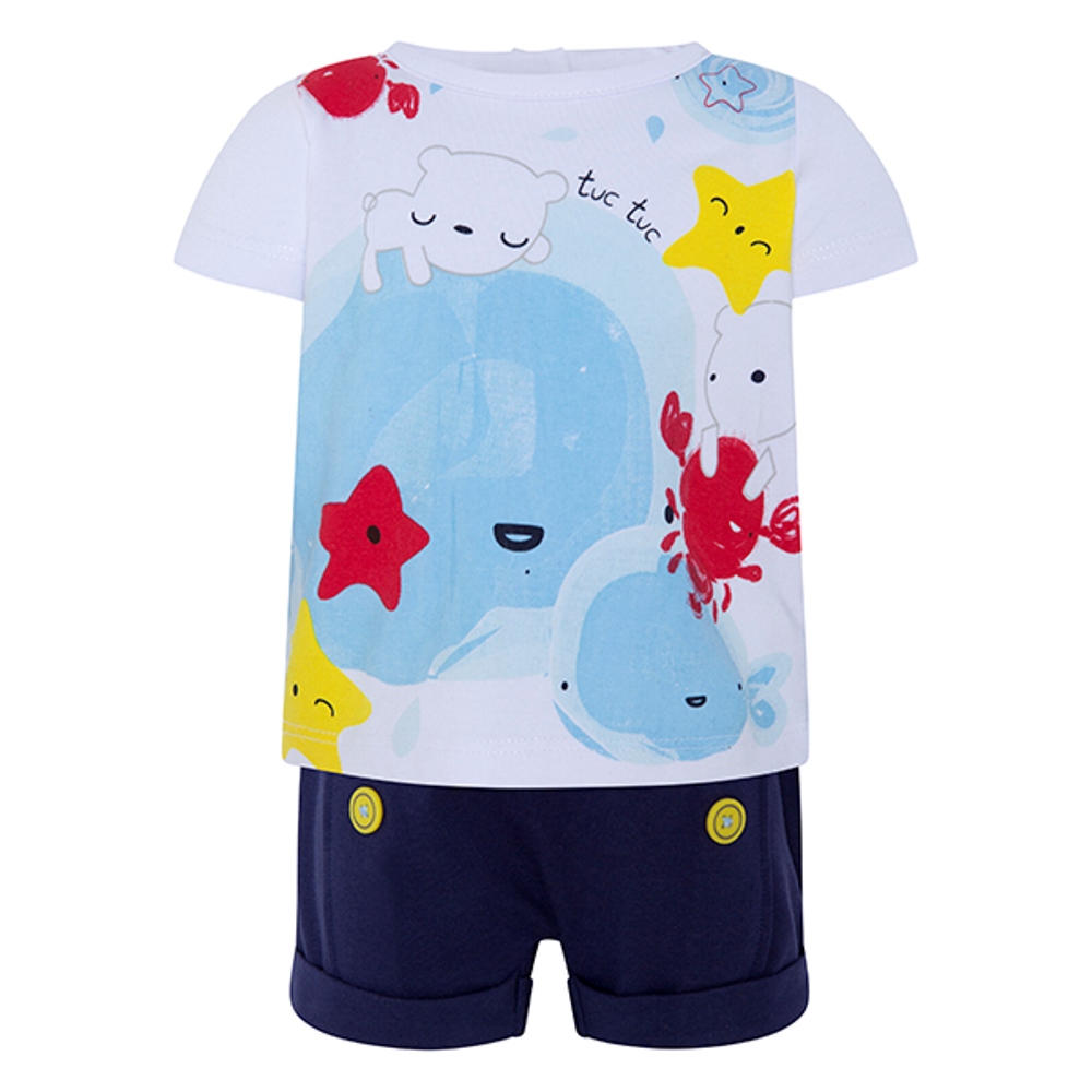 tuc tuc 男童 白藍鯨魚熊寶寶T恤+深藍黃釦短褲 9M