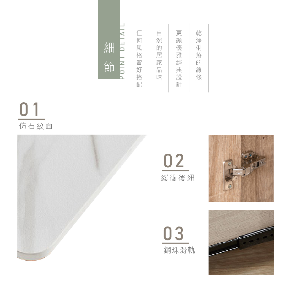 01仿石紋面 DETAIL02緩衝後紐03鋼珠滑軌