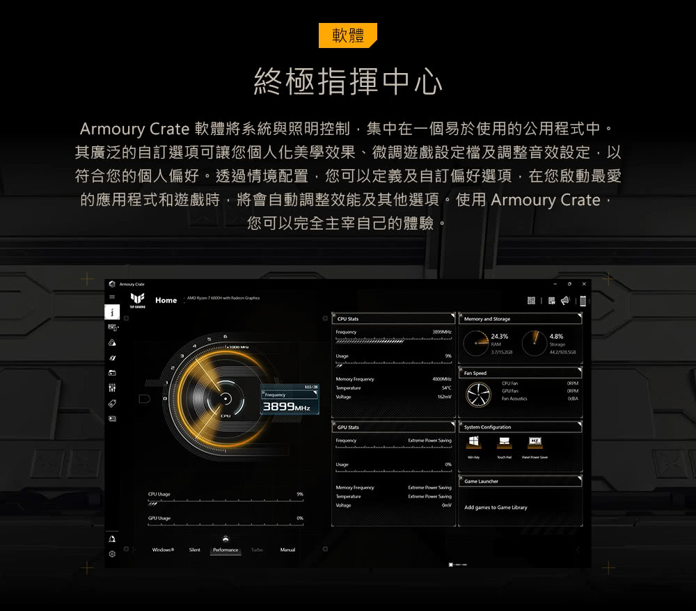 Armoury Crate 軟體將系統與照明控制,集中在一個易於使用的公用程式中。