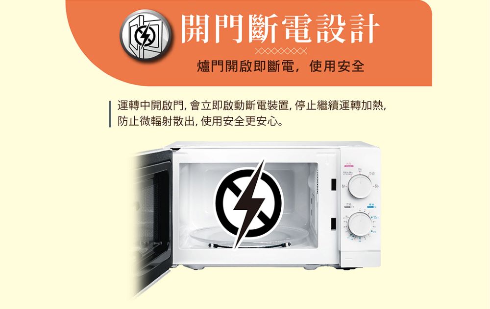 開門斷電設計 爐門開啟即斷電,使用安全 運轉中開啟門, 會立即啟動斷電裝置,停止繼續運轉加熱, 防止微輻射散出,使用安全更安心。