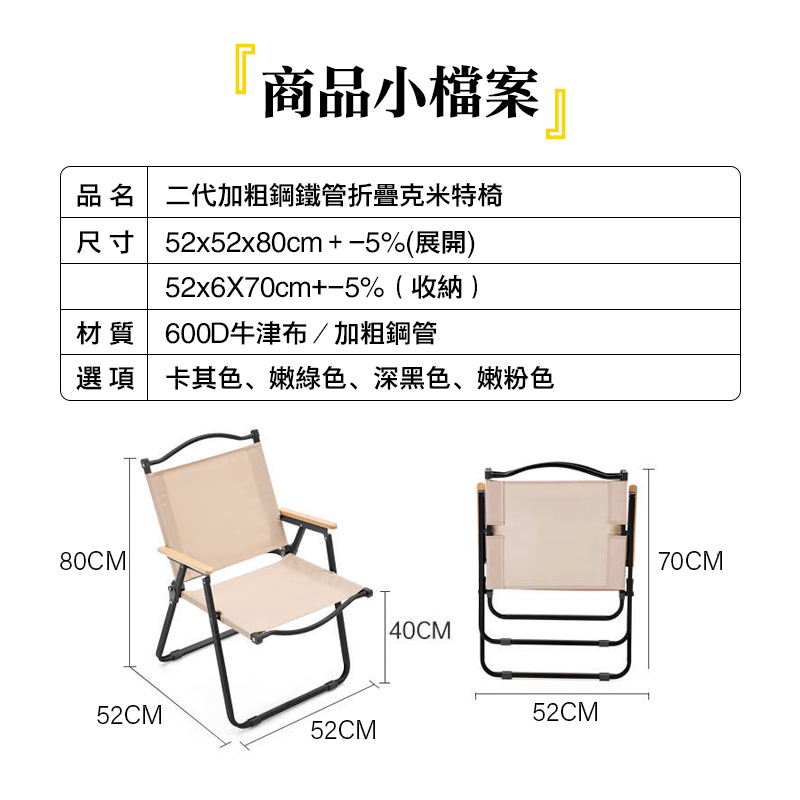 品名  二代加粗鋼鐵管折疊克米特椅