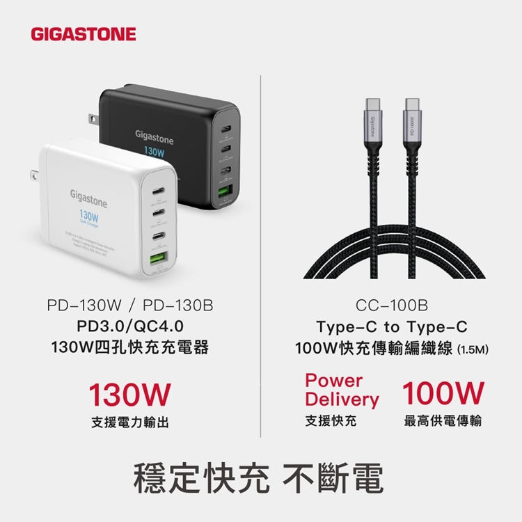 130W GaN 氮化鎵四孔充電器 白 + C to C 1