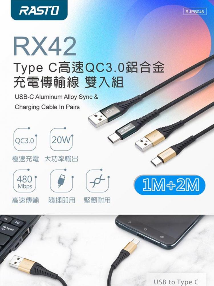 RX42 Type-C 鋁合金充電傳輸線 雙入組1M+2M 