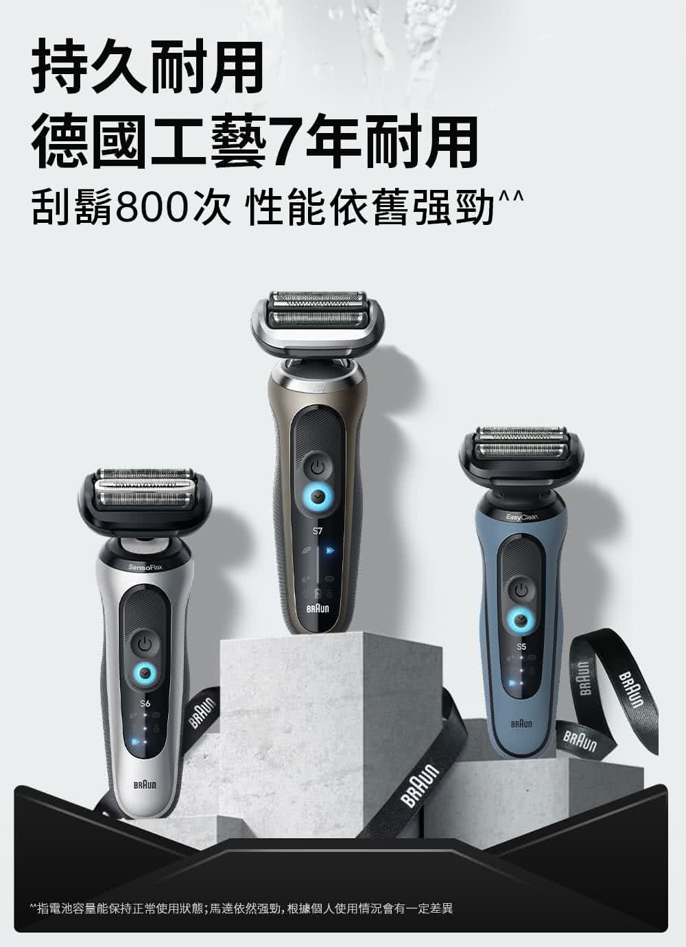 持久耐用 德國工藝7年耐用 刮鬍800次 性能依舊強勁 指電池容量能保持正常使用狀態馬達依然強勁,根據個人使用情況會有一定差異 