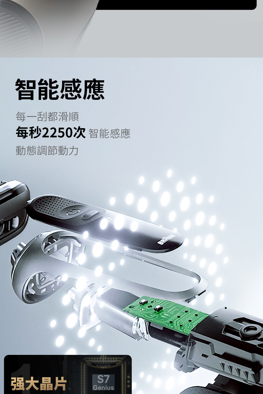 智能感應 每一刮都滑順 每秒2250次 智能感應 動態調節動力 强大晶片 