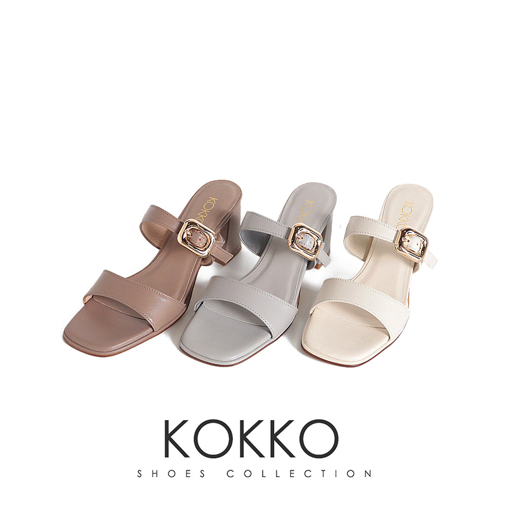 KOKKO 集團 氣質方頭親膚綿羊皮粗高跟涼拖鞋(白色)折扣