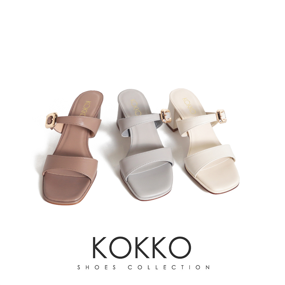KOKKO 集團 氣質方頭親膚綿羊皮粗高跟涼拖鞋(白色)折扣