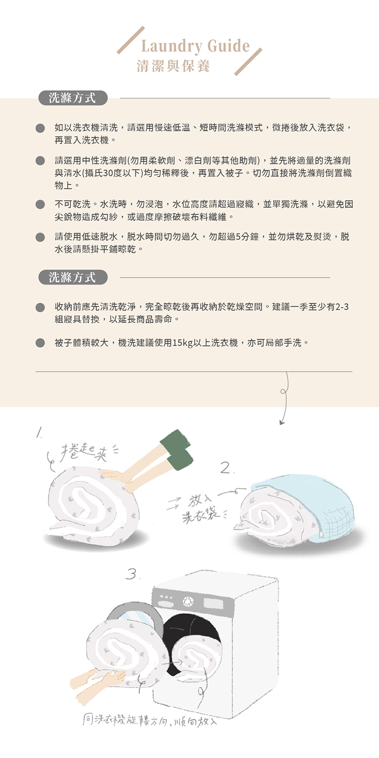 如以洗衣機清洗,請選用慢速低溫、短時間洗滌模式,微捲後放入洗衣袋,