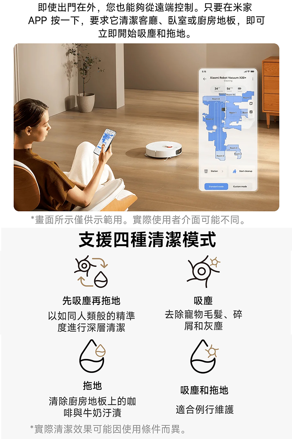 APP 按一下,要求它清潔客廳、臥室或廚房地板,即可