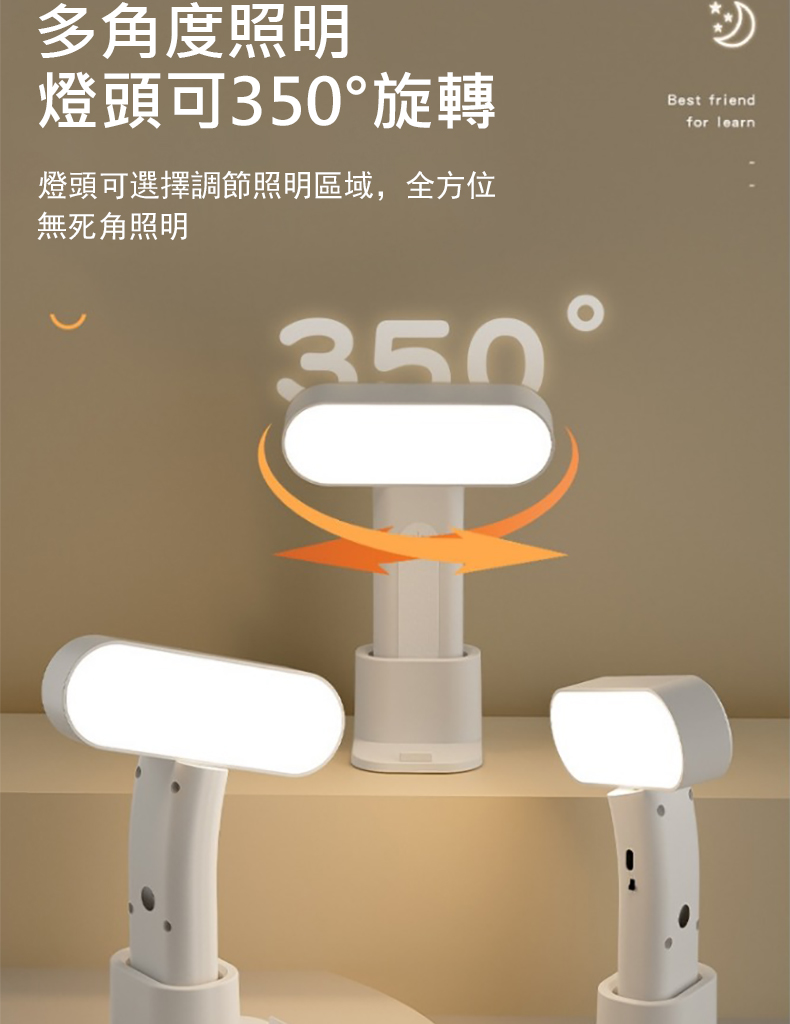 多角度照明 燈頭可350旋轉 燈頭可選擇調節照明區域,全方位 無死角照明 