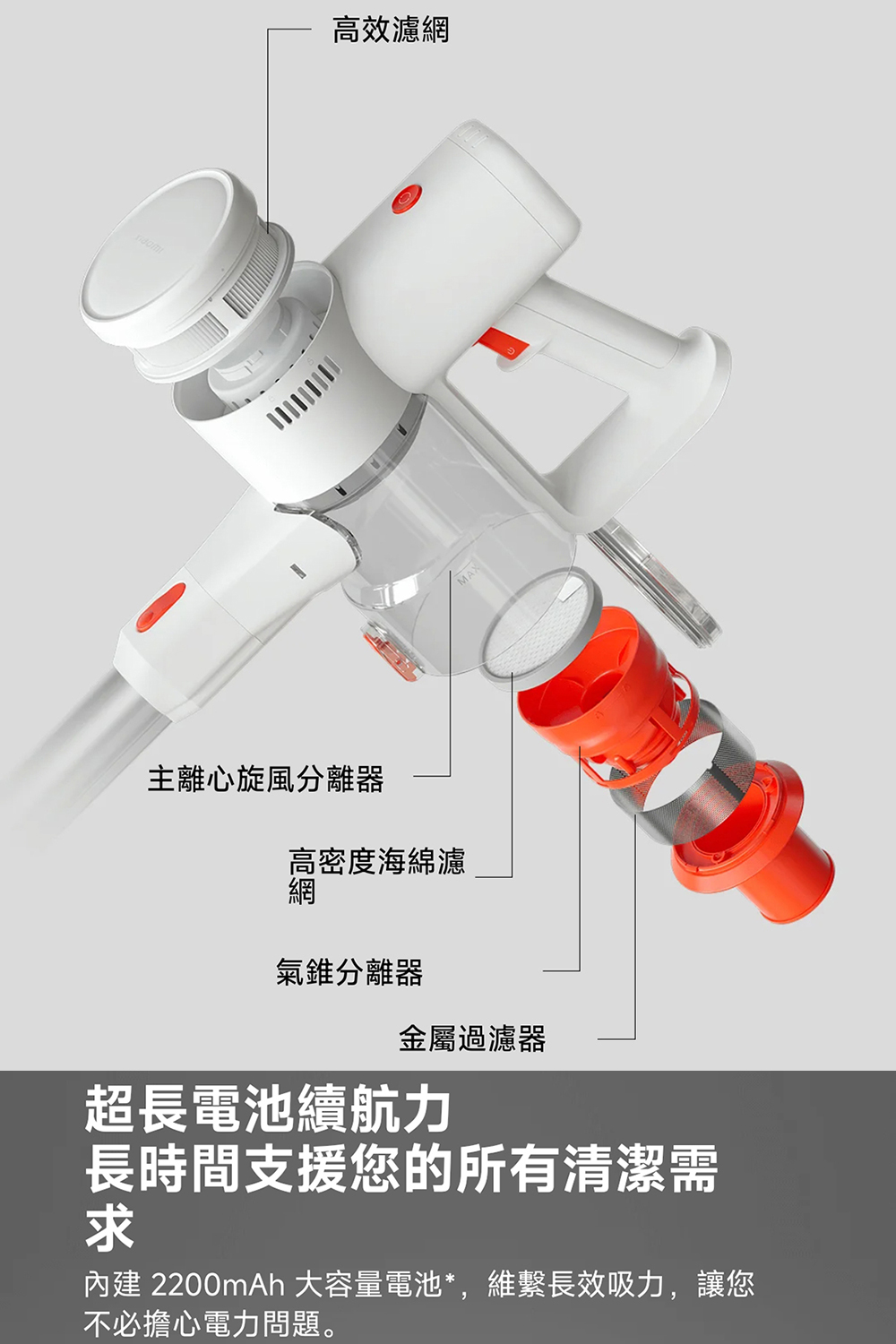 內建 2200mAh 大容量電池,維繫長效吸力,讓您