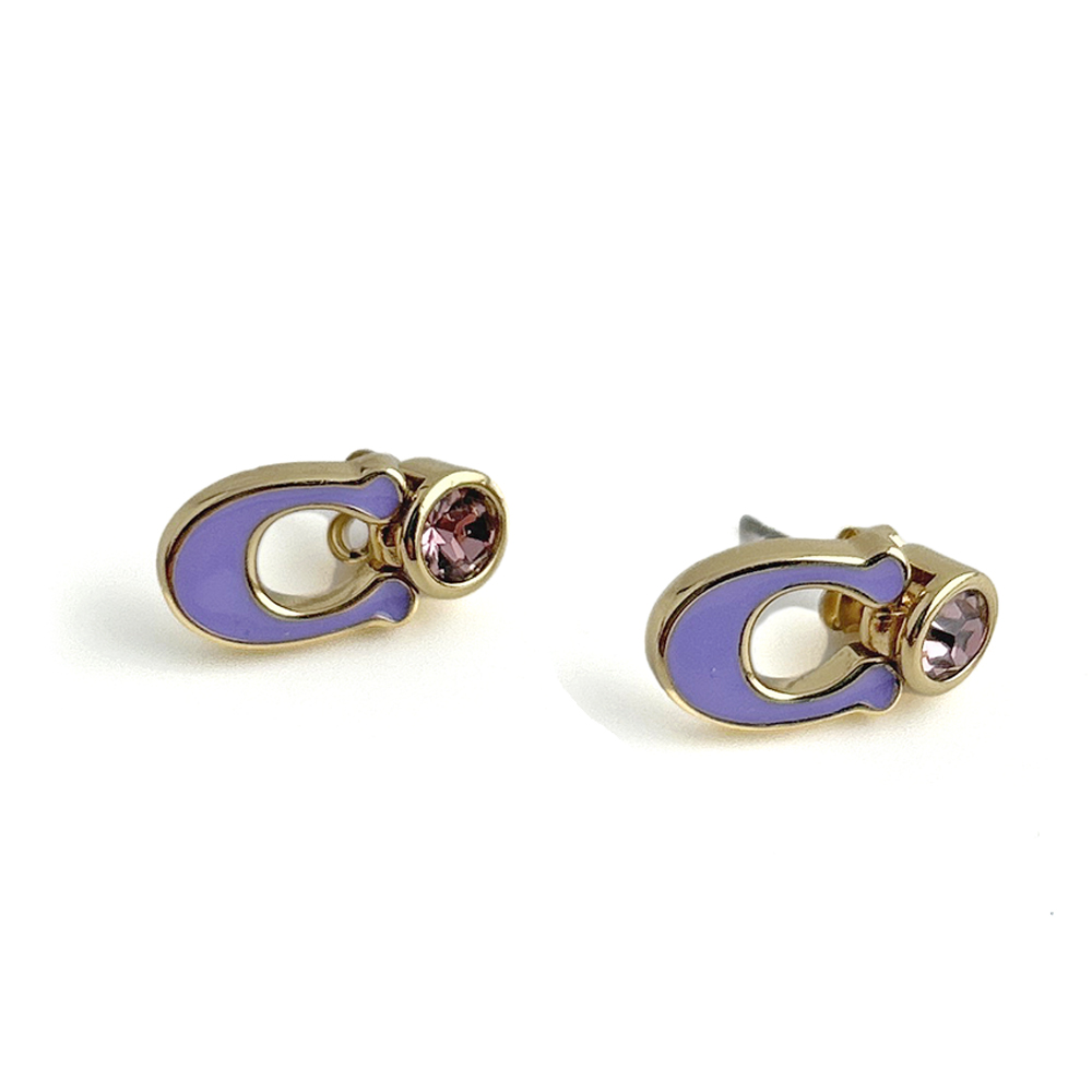 COACH 琺瑯C Logo及水鑽針式耳環(金色/淺紫)品牌