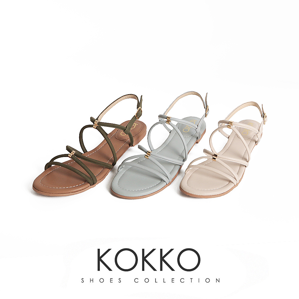 KOKKO 集團 率性舒適細條羅馬平底涼鞋(墨綠色) 推薦