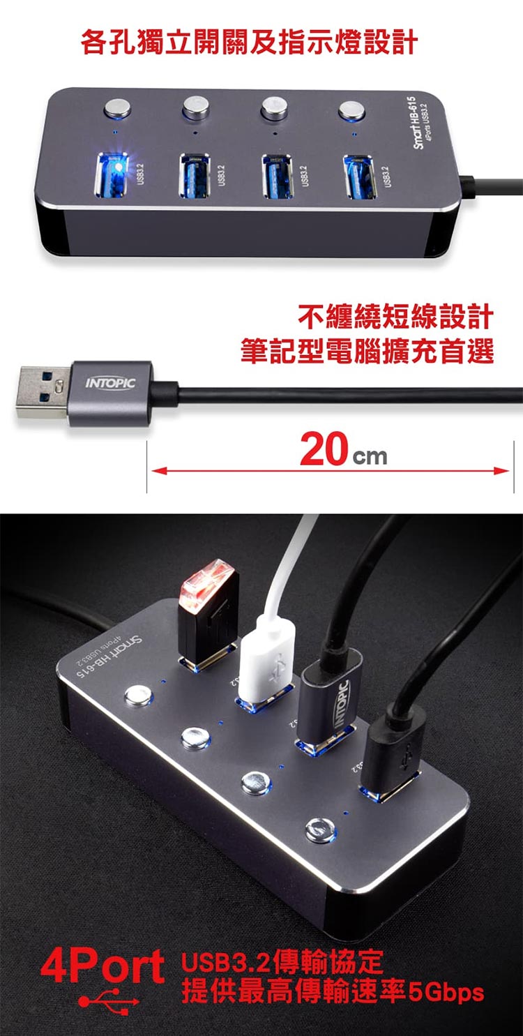 HB-615 USB3.2鋁合金高速集線器折扣推薦