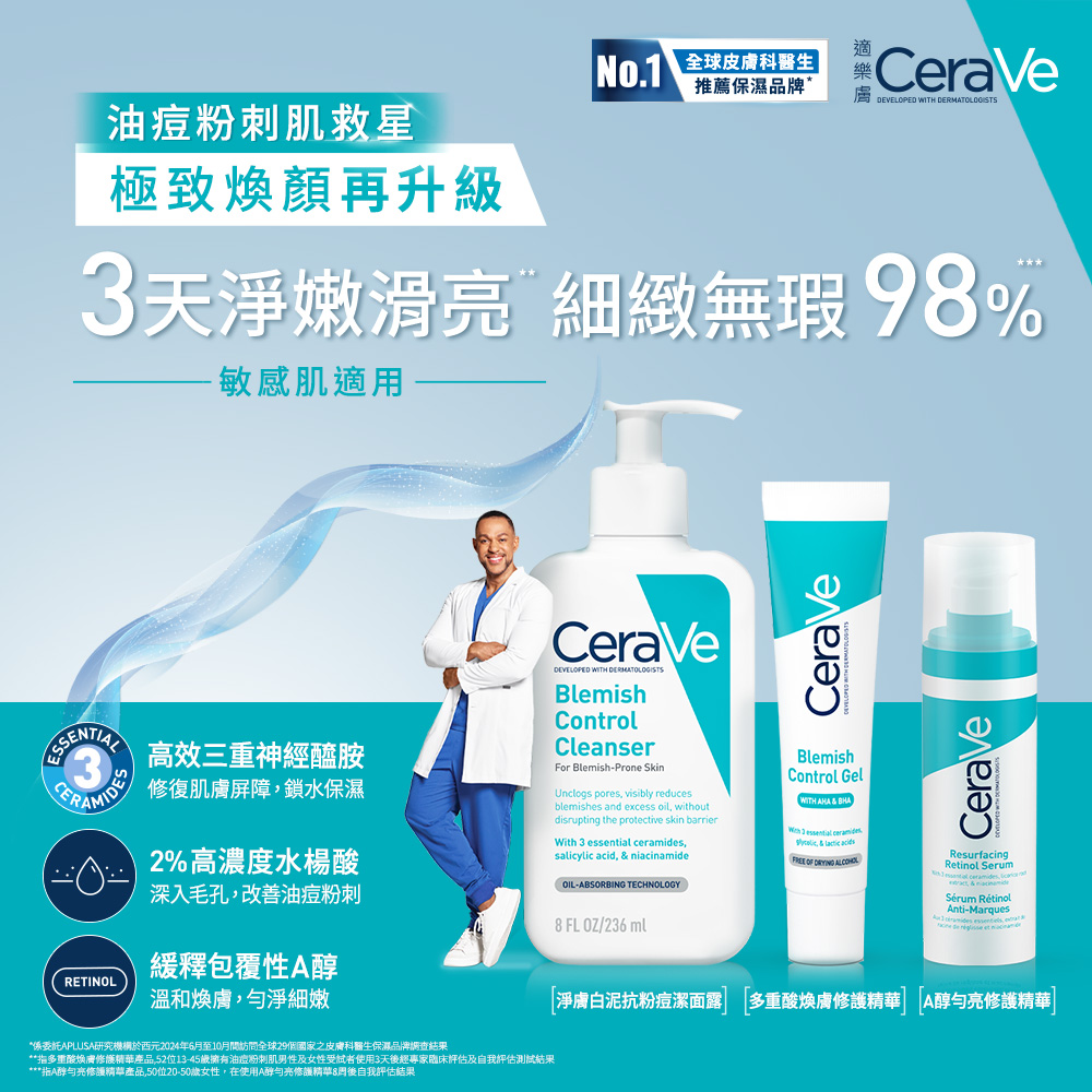 指多重酸煥膚修護精華產品,52位1345歲擁有油痘粉刺肌男性及女性受試者使用3天後經專家臨床評估及自我評估測試結果
