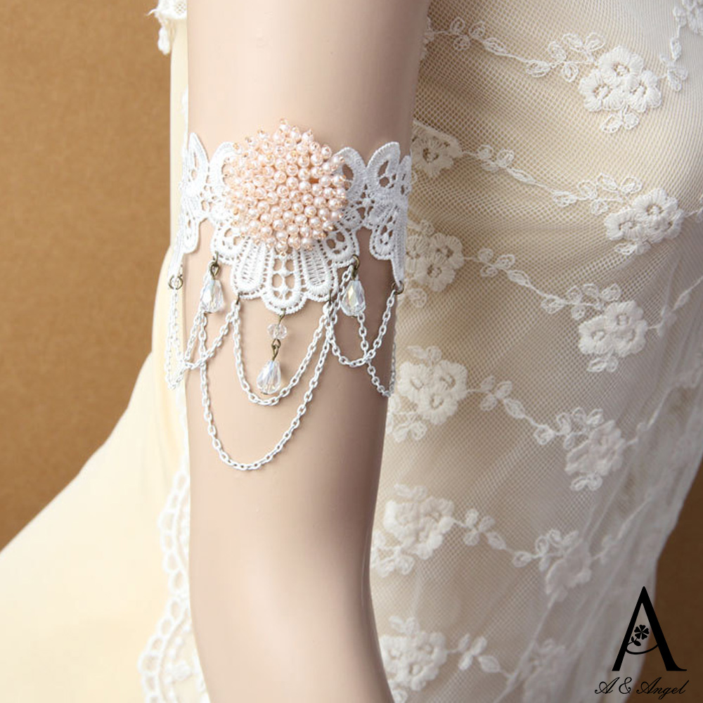 ANGEL 歐美復古珍珠水晶蕾絲新娘手背鏈(白色)優惠推薦