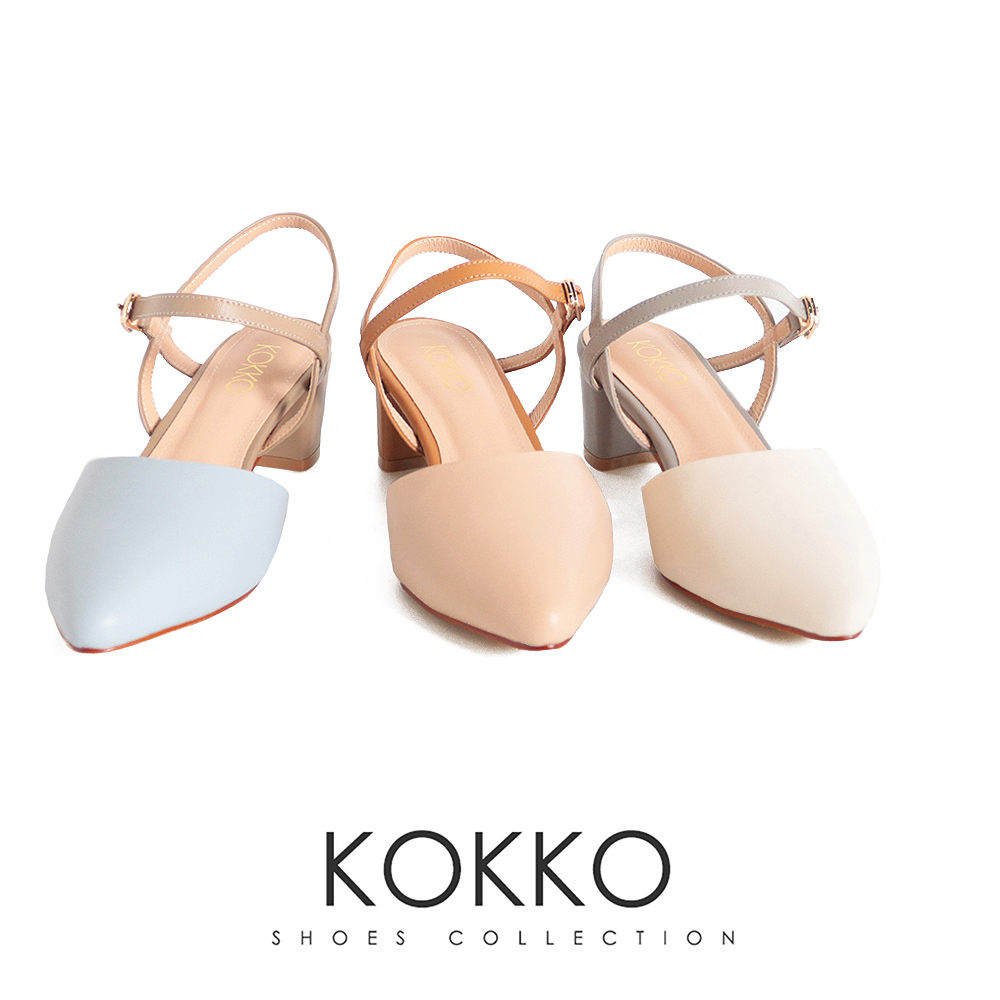 KOKKO 集團 都會優雅撞色繞踝繫帶粗跟寬楦包鞋(白色)折