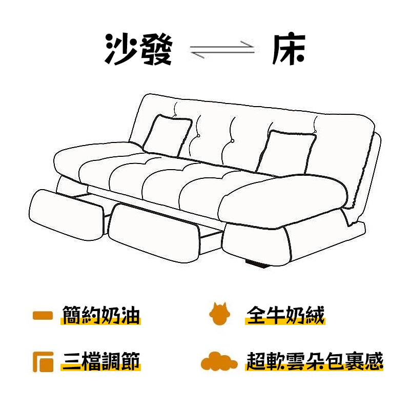 大城小居 奶油風雲朵沙發床 牛奶絨沙發 三檔調節(沙發 躺椅