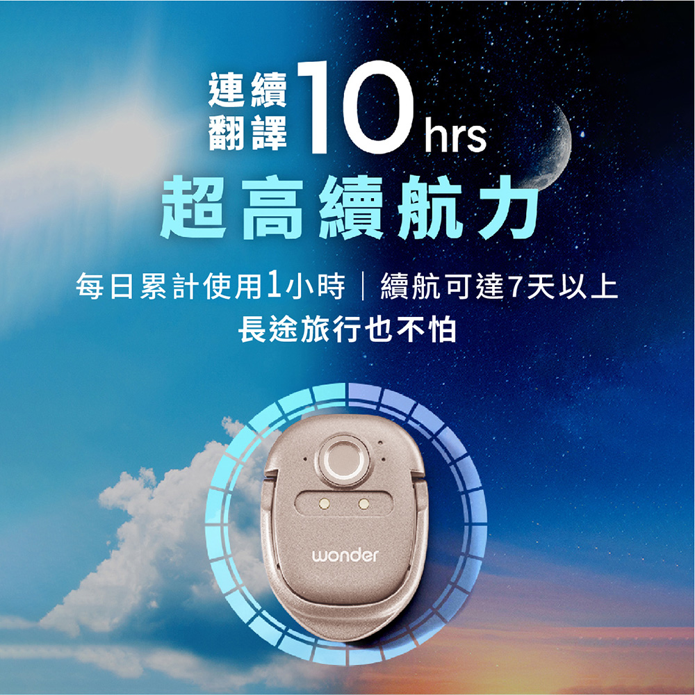 連續 翻譯 超高續航力 每日累計使用1小時續航可達7天以上 長途旅行也不怕 