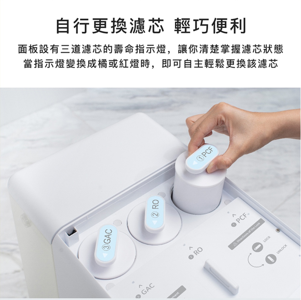 自行更換濾芯 輕巧便利 面板設有三道濾芯的壽命指示燈,讓你清楚掌握濾芯狀態 當指示燈變換成橘或紅燈時,即可自主輕鬆更換該濾芯 