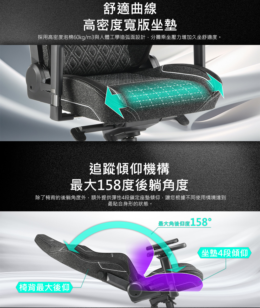 採用高密度泡棉60kgm3與人體工學造弧面設計,分攤乘坐壓力增加久坐舒適度。
