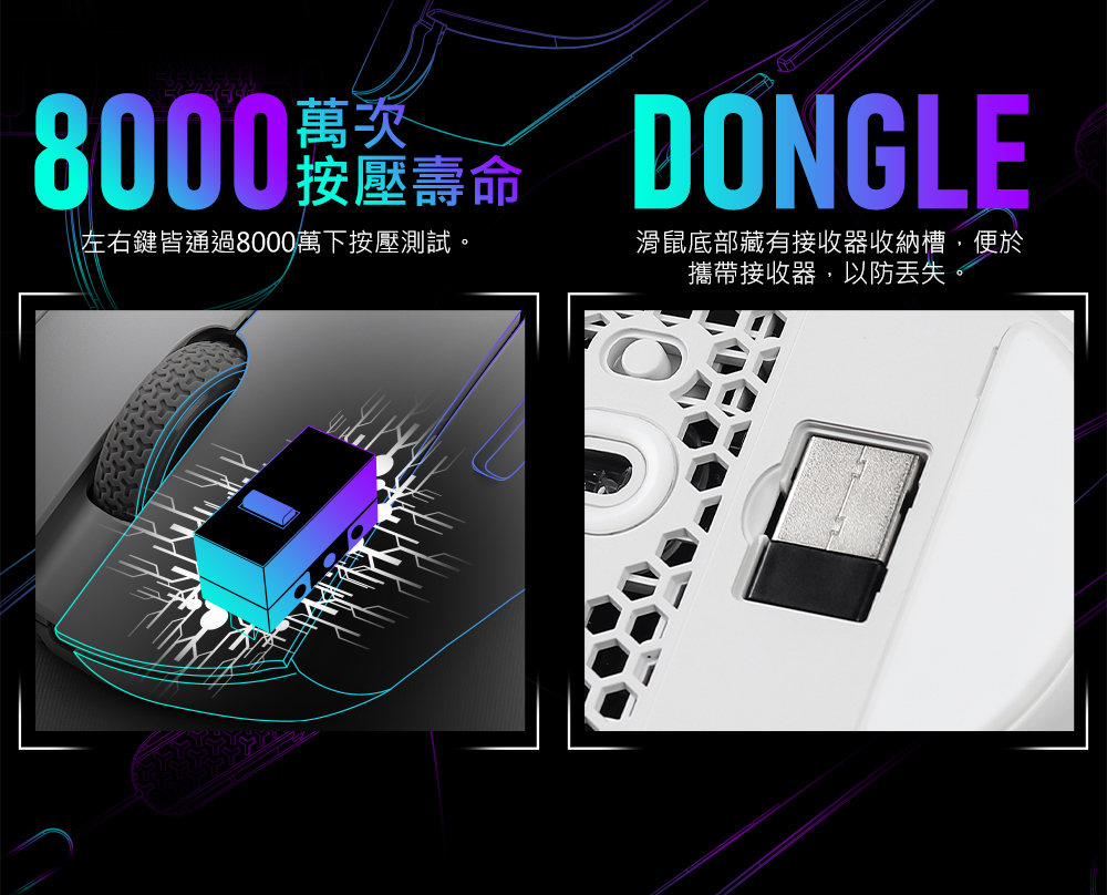 8000專 左右鍵皆通過8000萬下按壓測試。 滑鼠底部藏有接收器收納槽,便於 攜帶接收器,以防丢失。 