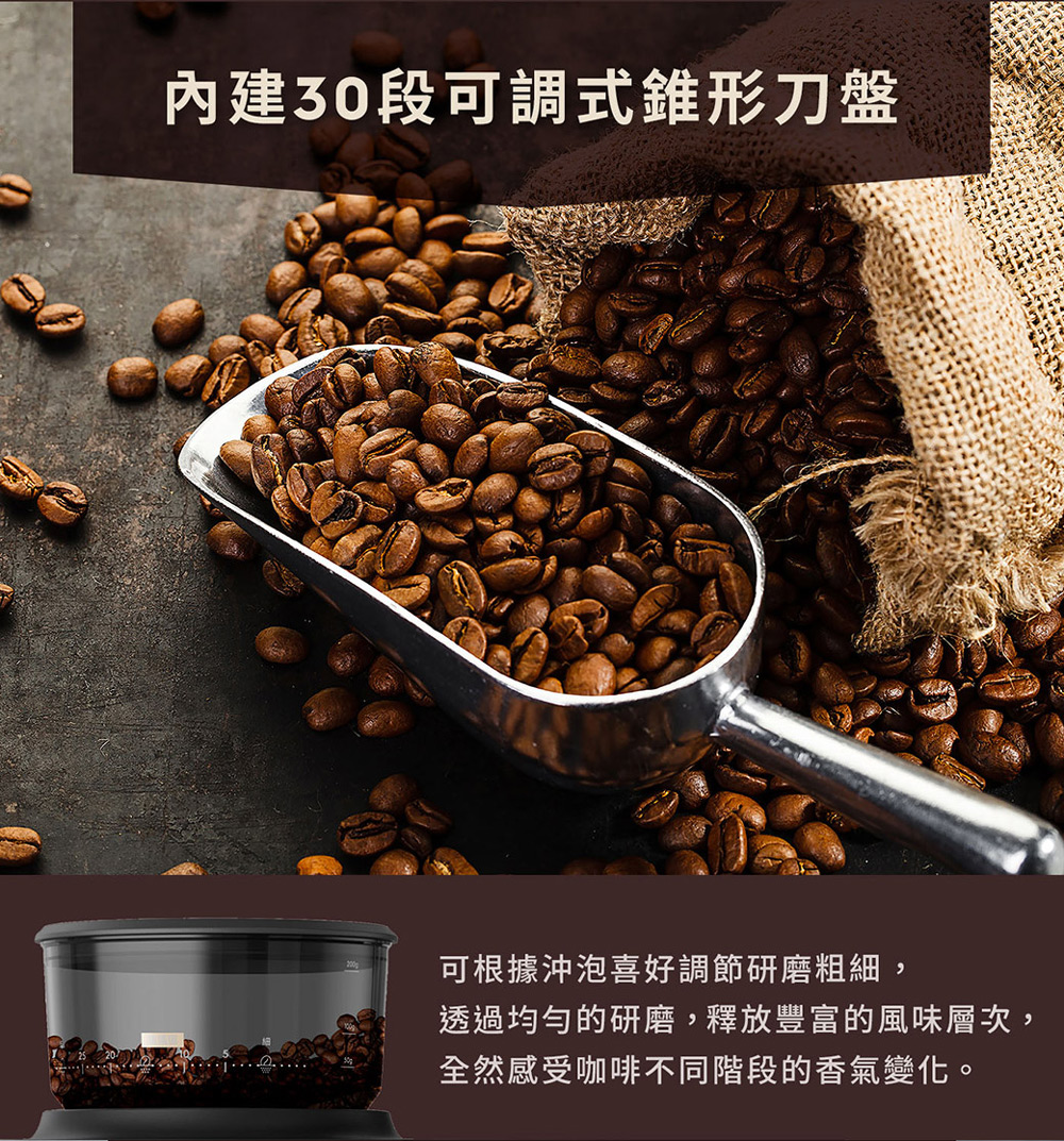 內建30段可調式錐形刀盤 可根據沖泡喜好調節研磨粗細, 透過均勻的研磨,釋放豐富的風味層次, 全然感受咖啡不同階段的香氣變化。 
