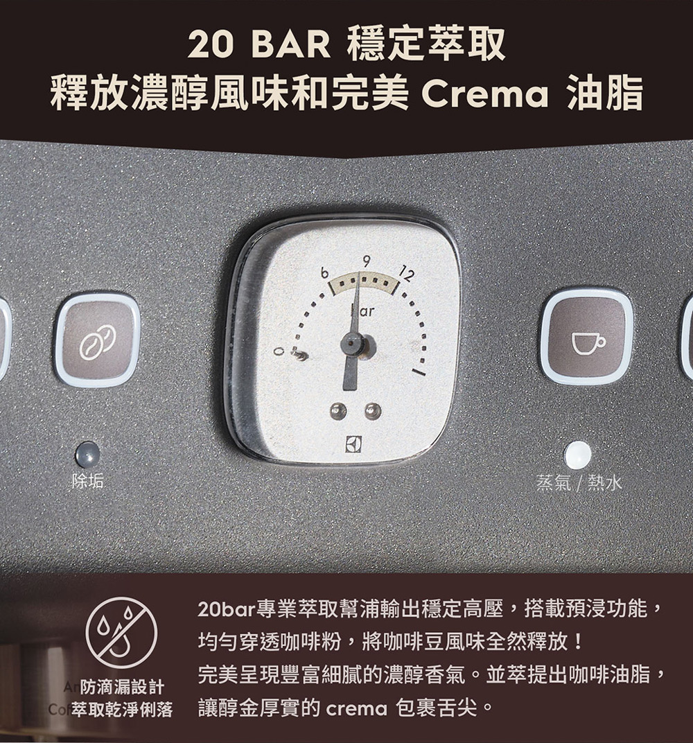 20bar專業萃取幫浦輸出穩定高壓,搭載預浸功能,