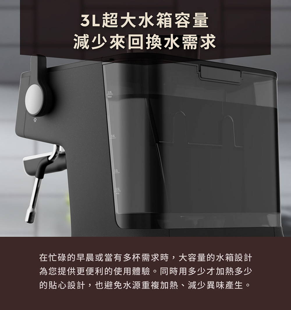 3L超大水箱容量 減少來回換水需求 在忙碌的早晨或當有多杯需求時,大容量的水箱設計 為您提供更便利的使用體驗。同時用多少才加熱多少 的貼心設計,也避免水源重複加熱、減少異味產生。 