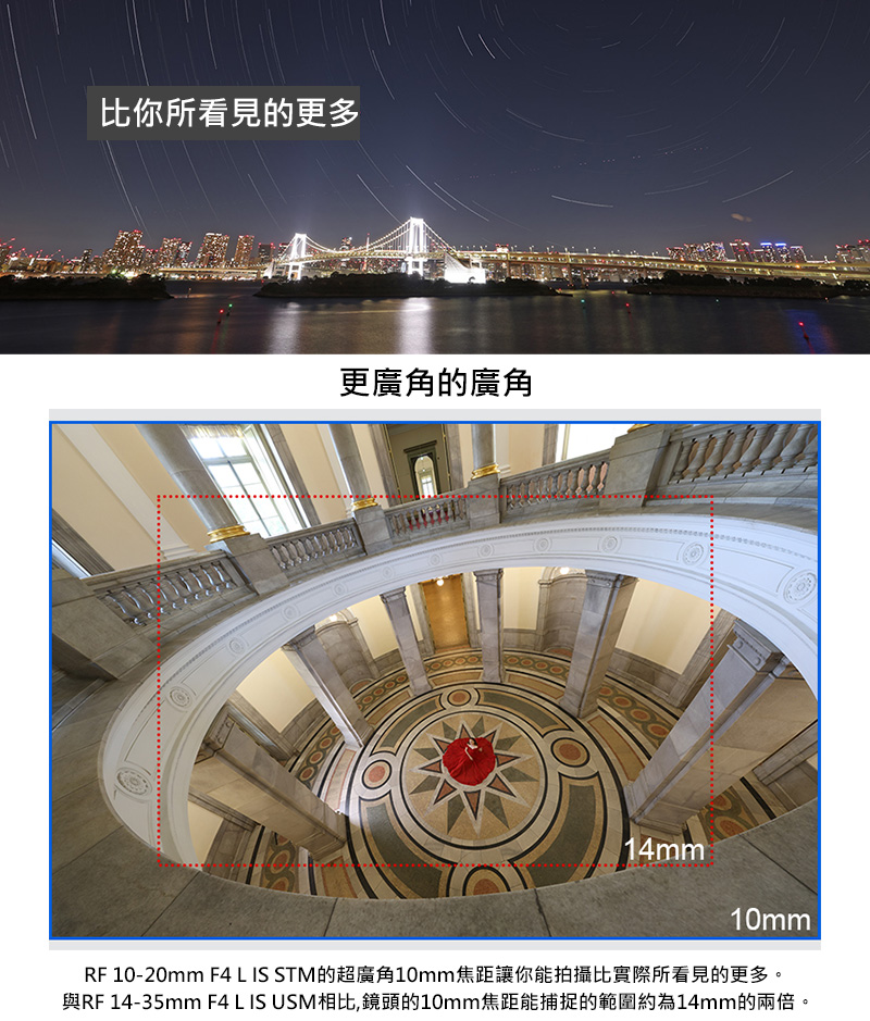 比你所看見的更多 更廣角的廣角 RF 1020mm F4 L IS STM的超廣角10mm焦距讓你能拍攝比實際所看見的更多。 與RF 1435mm F4L IS USM相比,鏡頭的10mm焦距能捕捉的範圍約為14mm的兩倍。