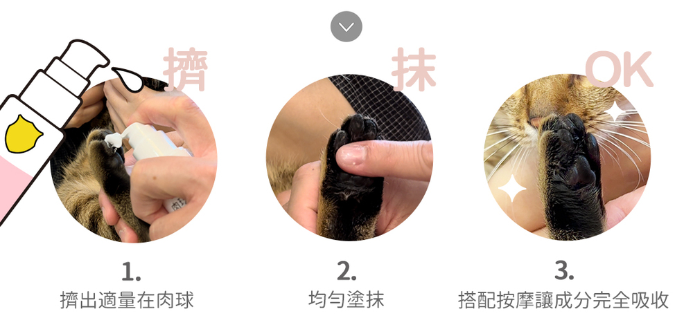 擠出適量在肉球 均勻塗抹 搭配按摩讓成分完全吸收 