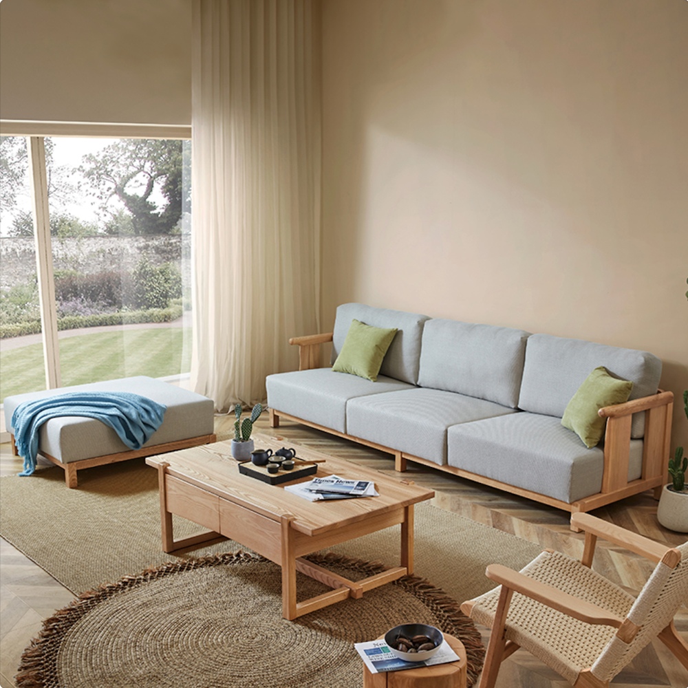 橙家居·家具 /預購/侘寂系列實木四人軟包沙發+腳凳 SSX