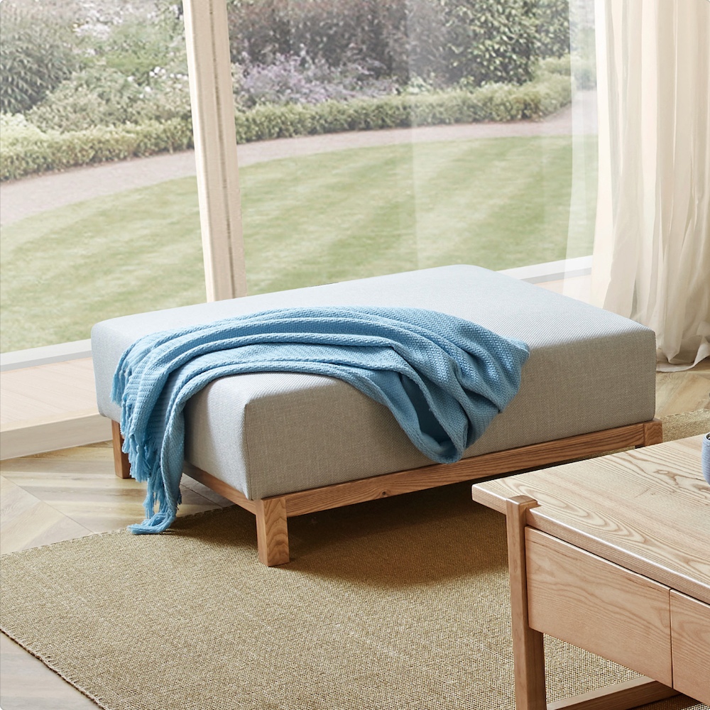 橙家居·家具 /預購/侘寂系列實木四人軟包沙發+腳凳 SSX