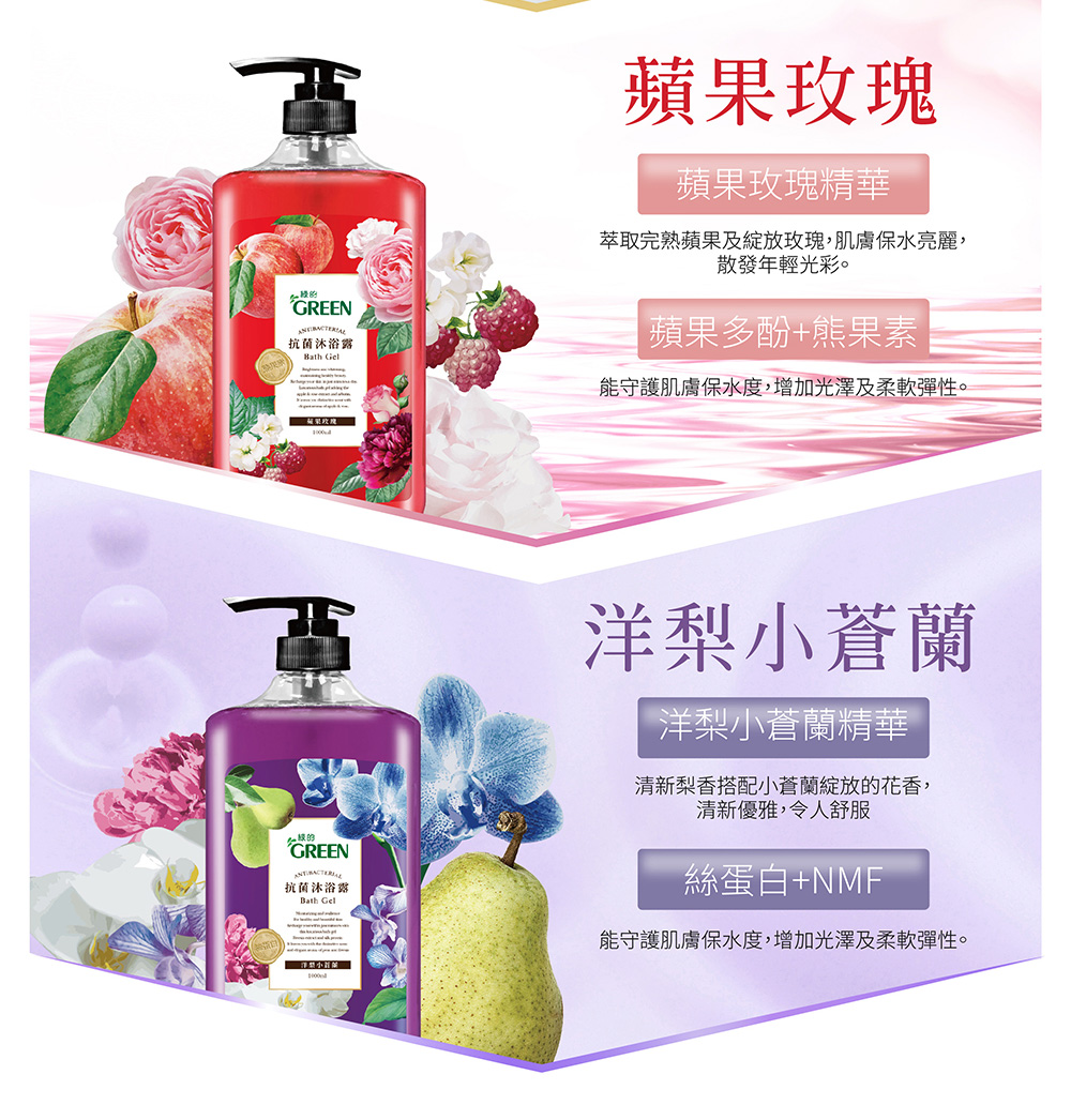 萃取完熟蘋果及綻放玫瑰,肌膚保水亮麗,