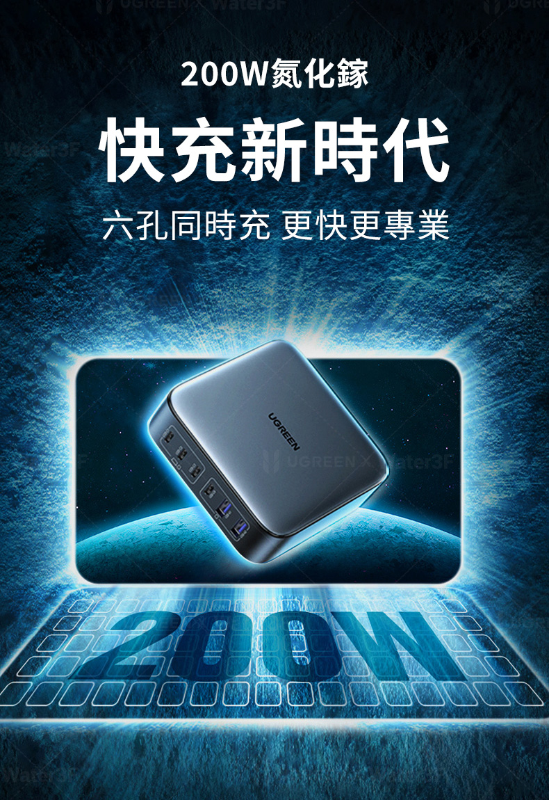 綠聯 200W 六口氮化鎵快充充電器(4C2A)+10000