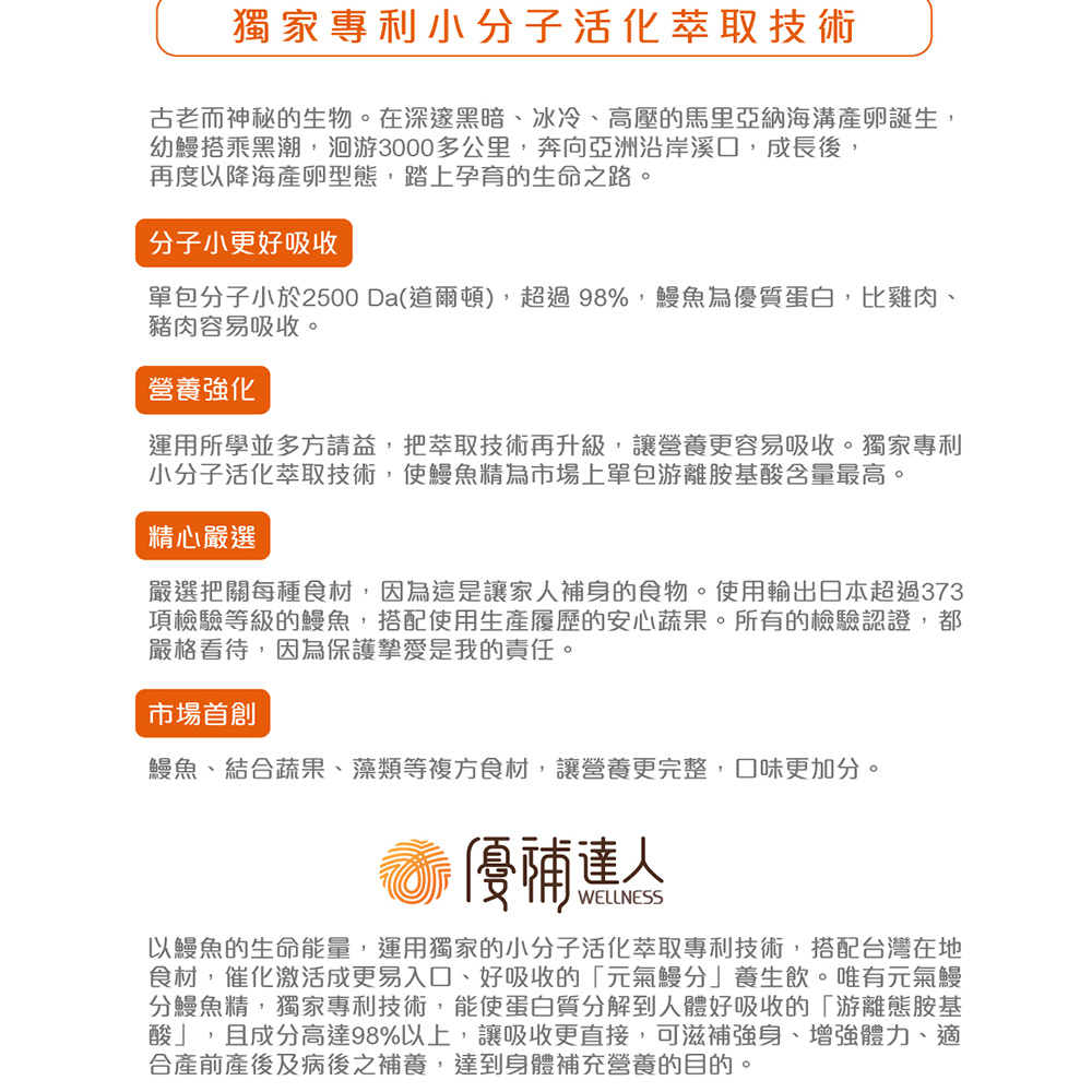 單包分子小於2500Da道爾頓,超過98%,鰻魚為優質蛋白,比雞肉、