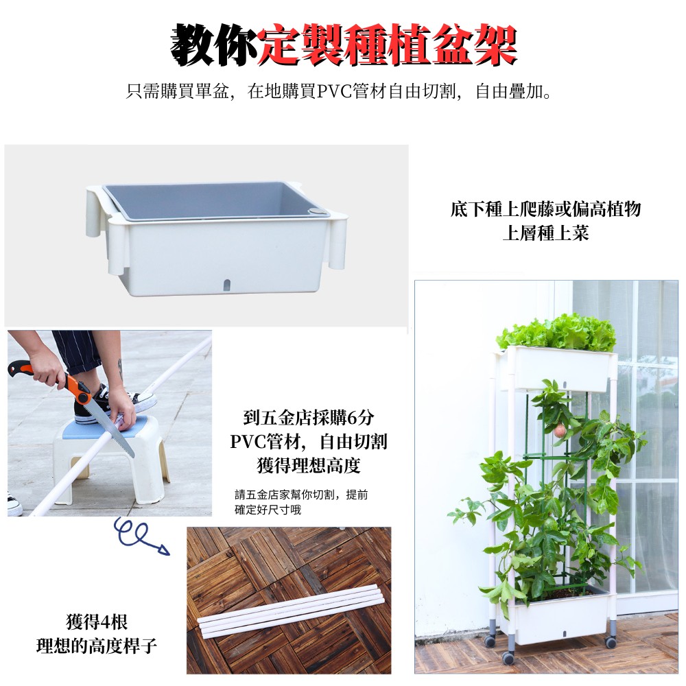 只需購買單盆,在地購買PVC管材自由切割,自由疊加。
