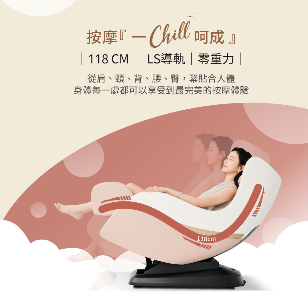 按摩 Chill 呵成 118 CM  LS導軌零重力 從肩、頸、背、腰、臀,緊貼合人體 身體每一處都可以享受到最完美的按摩體驗 